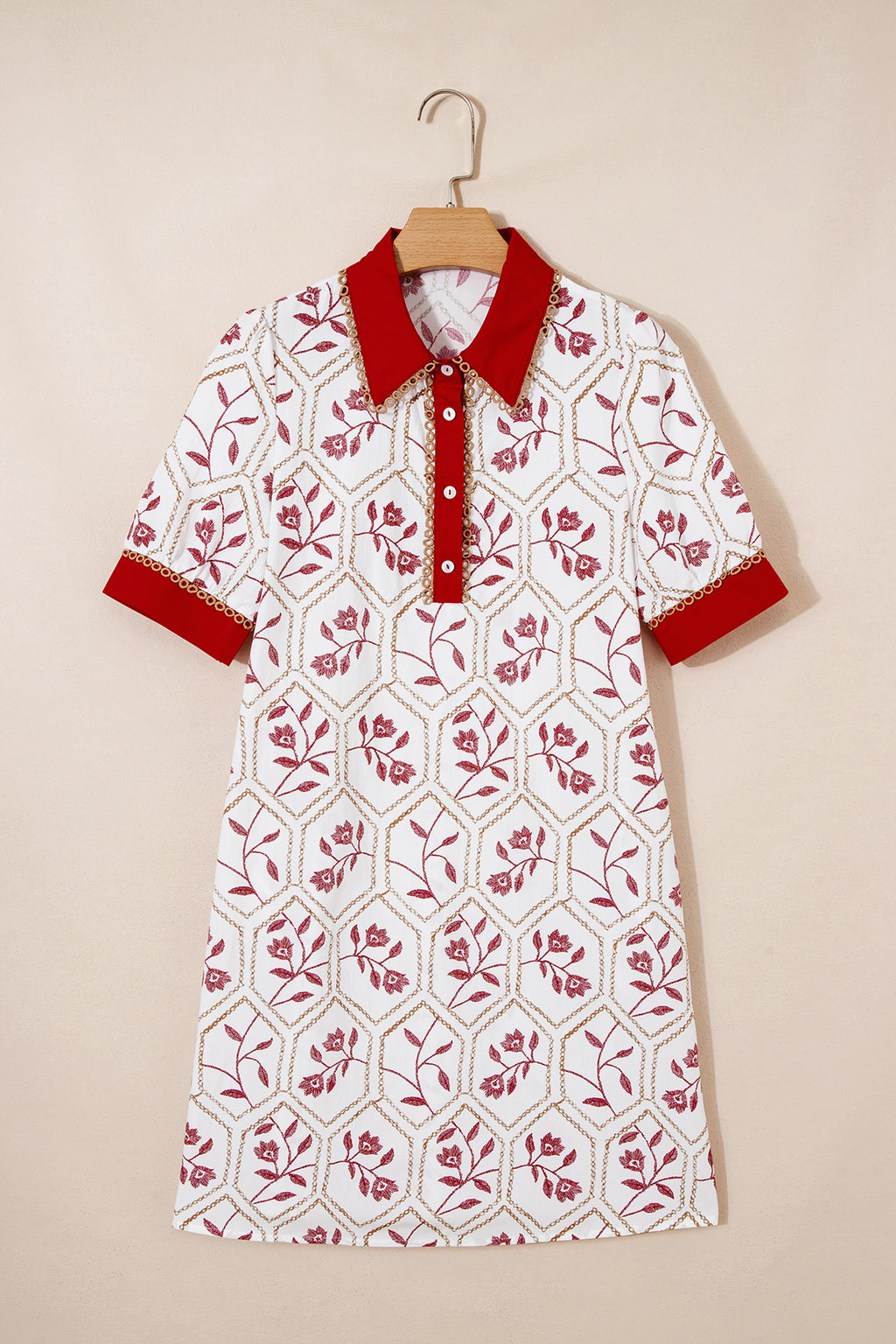 Red & Blue Geometric Floral Lace Trim Collared Short Sleeve Mini Dress S-XL