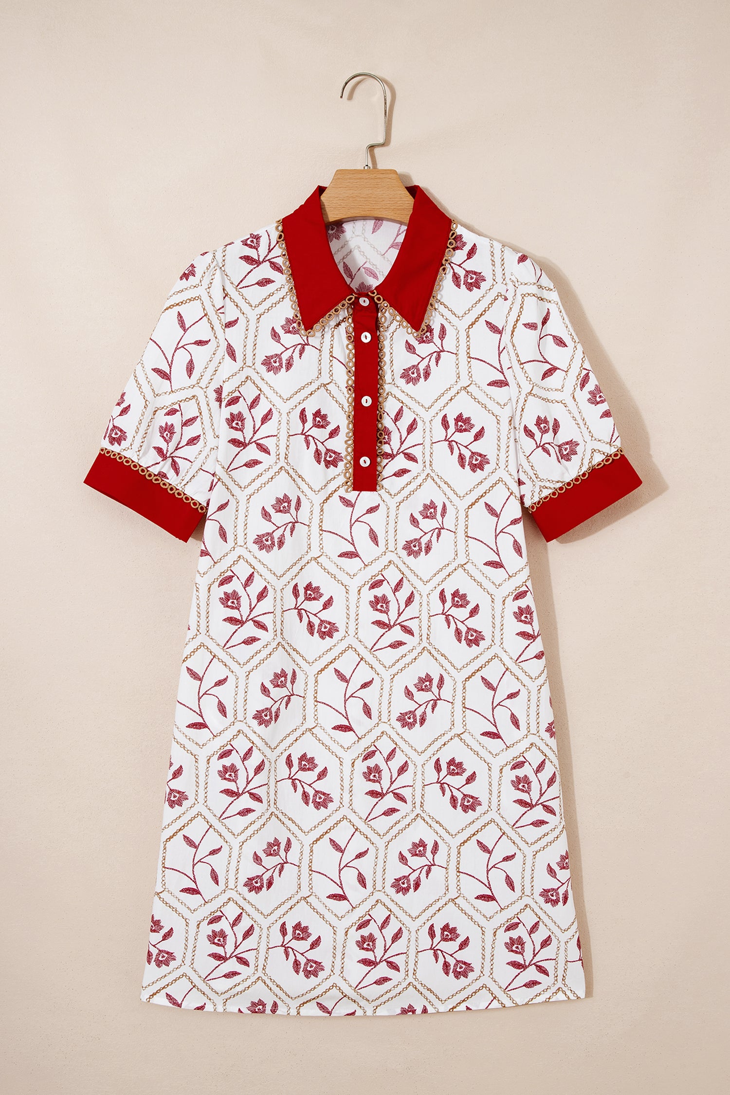Red & Blue Geometric Floral Lace Trim Collared Short Sleeve Mini Dress S-XL