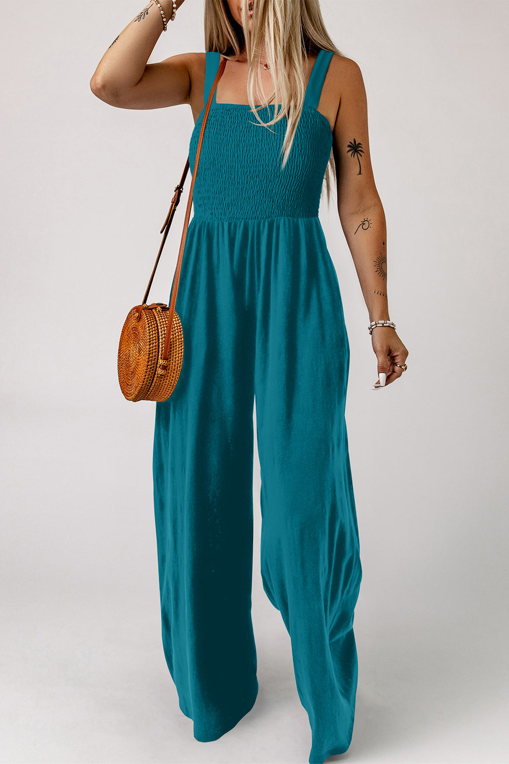 Shop Smocked Square Neck Sleeveless Jumpsuit with Pockets at LivelyLooks