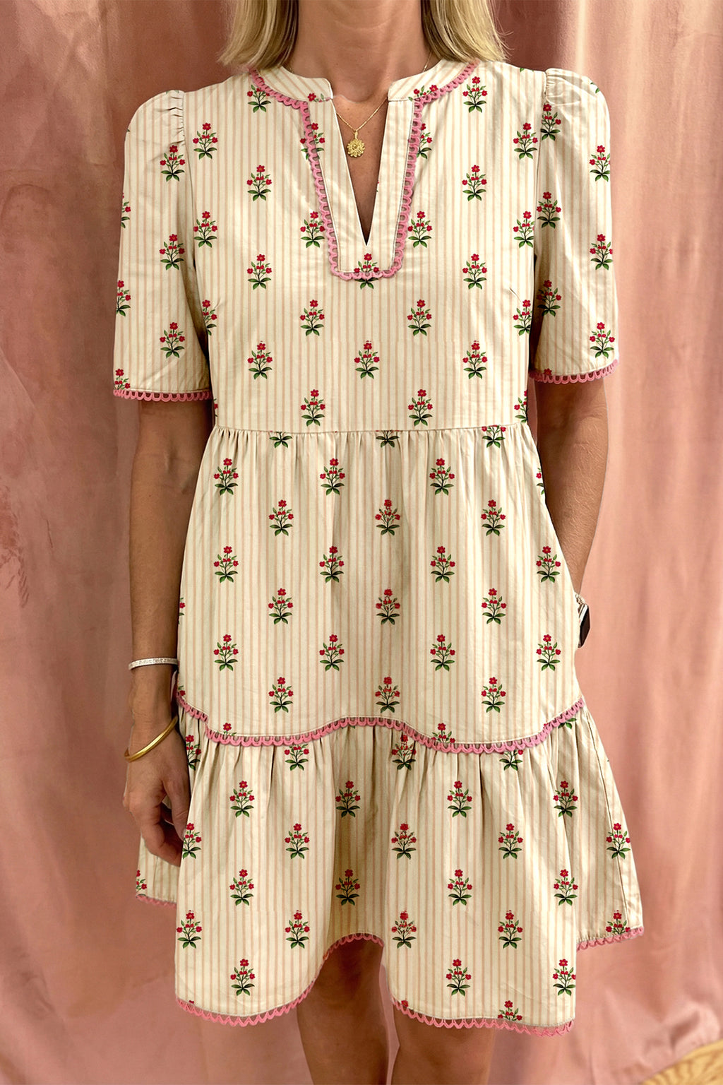 Apricot Striped Floral Contrast Detail Ruffle Hem Short Dress S-XL