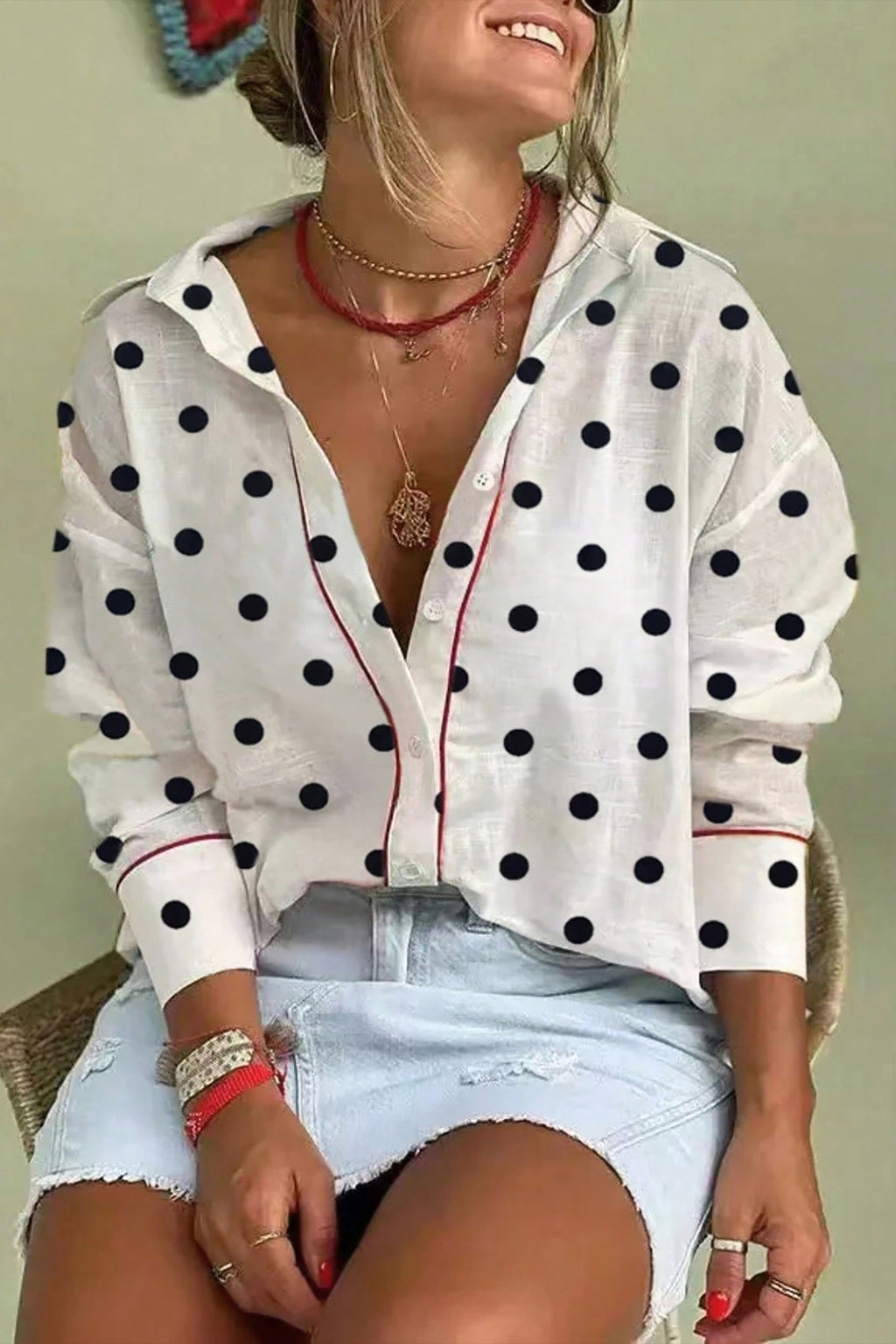 White Polka Dot Contrast Piping Elegant Women's Shirt
