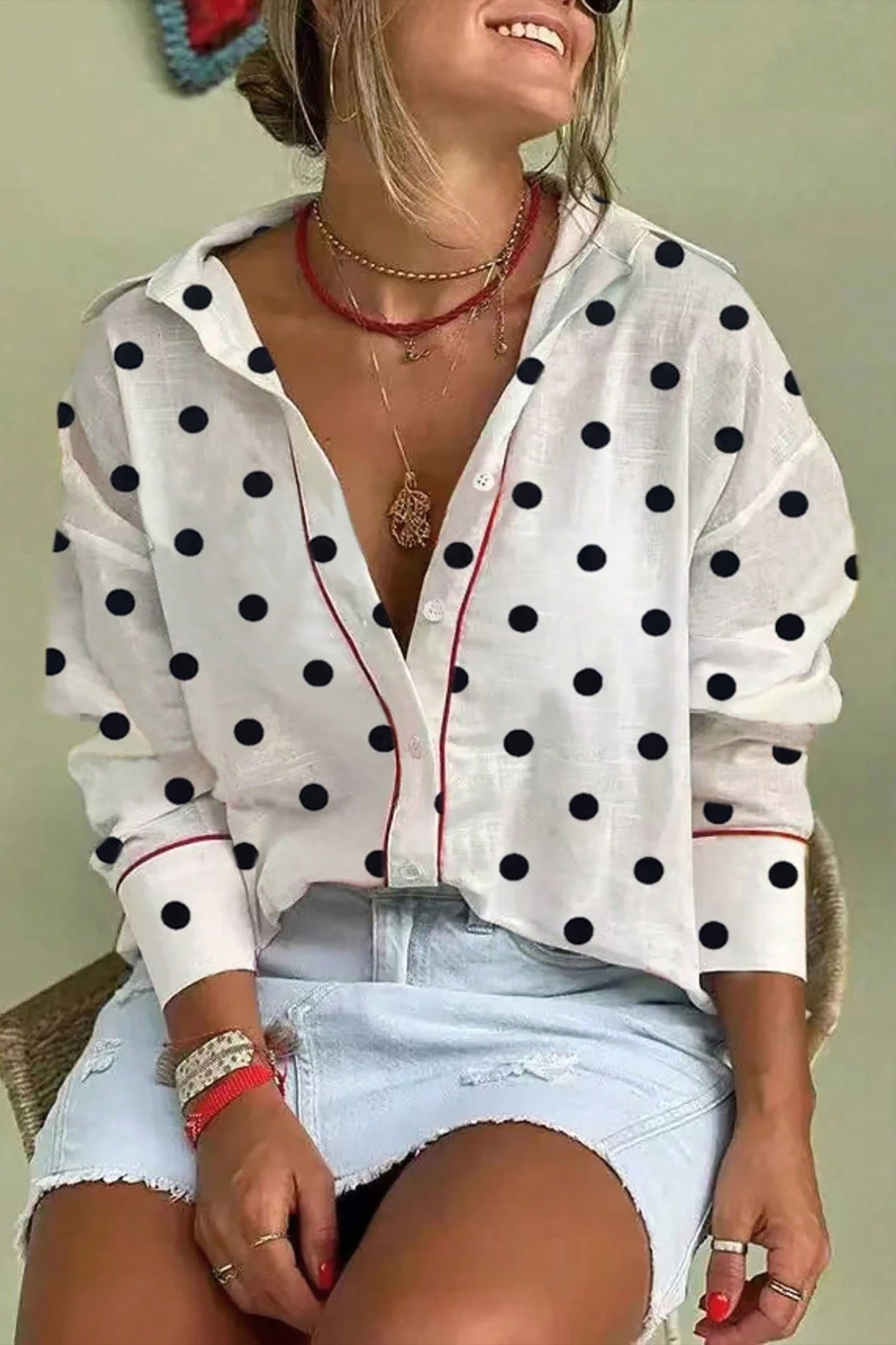 White Polka Dot Contrast Piping Elegant Women's Shirt