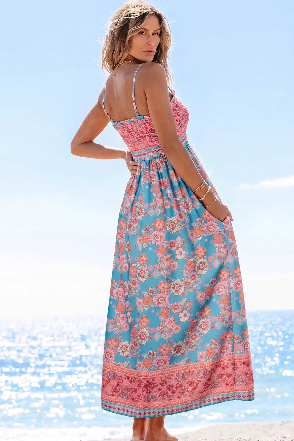 Sky Blue Bohemian Ethnic Print Spaghetti Strap Vacation Maxi Dress S-XL