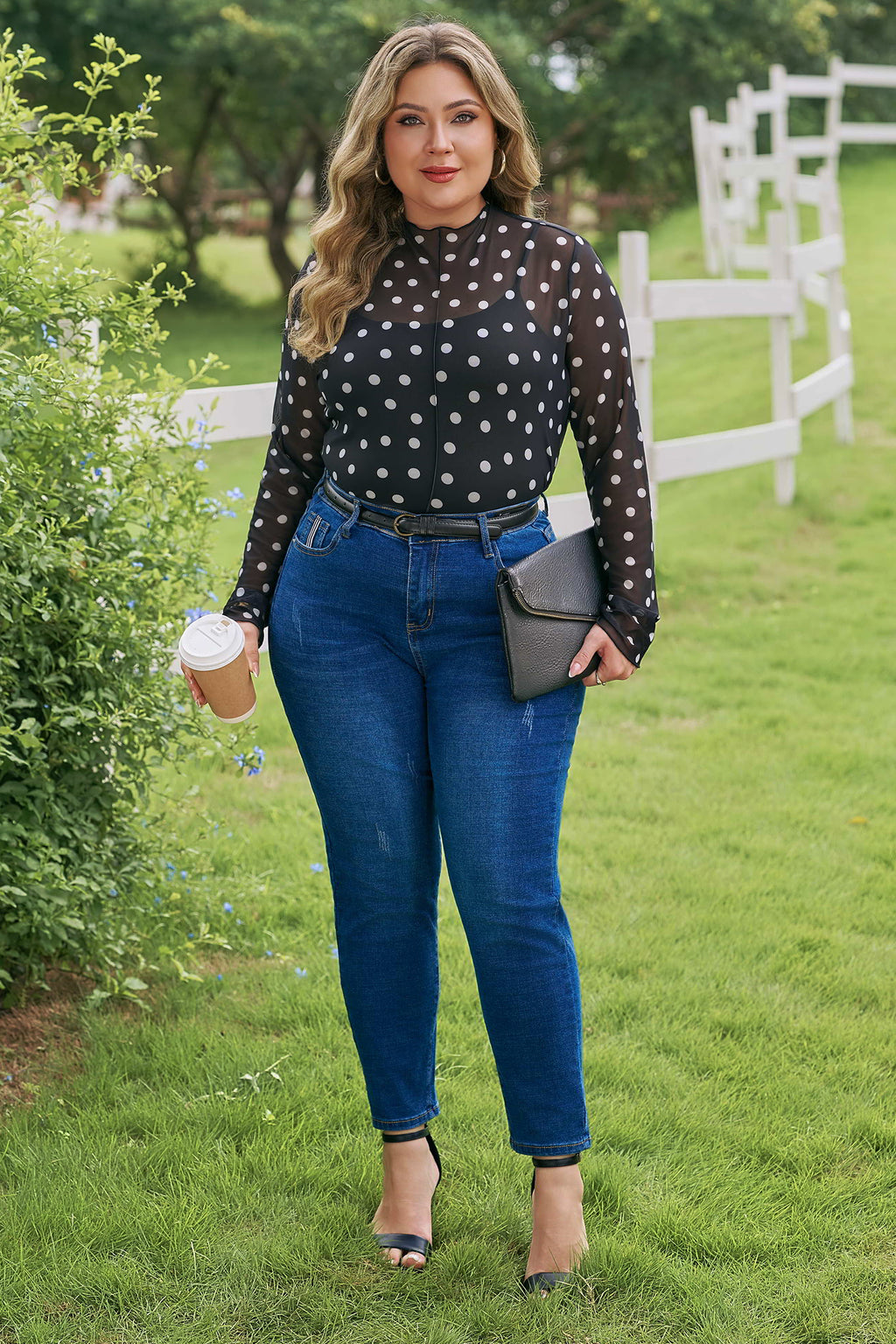 Black Plus Size Polka Dot Mock Neck Long Sleeve Mesh Top
