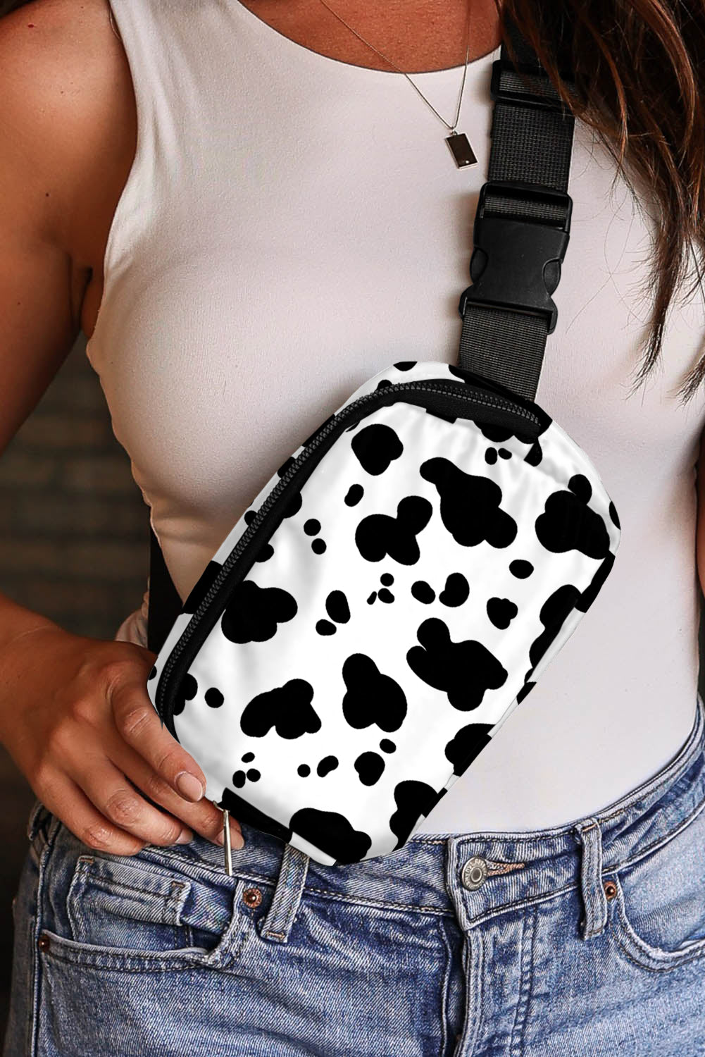 White Cow Print Shoulder Bag Buckle Wide Belt Inclined Women One Size