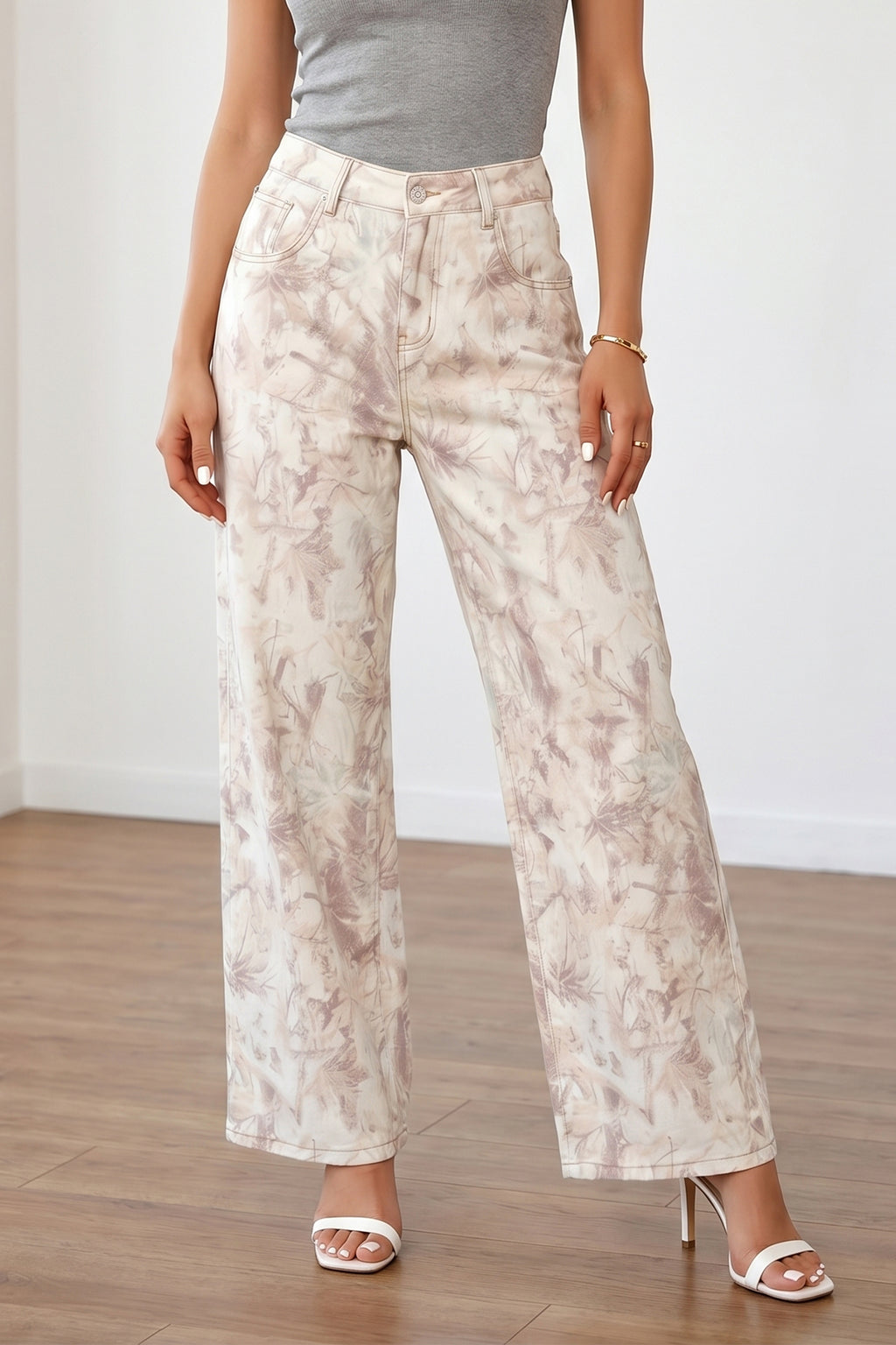Khaki Woodland Camo Tummy Control Denim Wide Leg Jeans | UK 8–18
