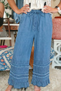 Shop Dusk Blue Ruffled Hem Wide Leg Chambray Trousers UK 8-20 at LivelyLooks