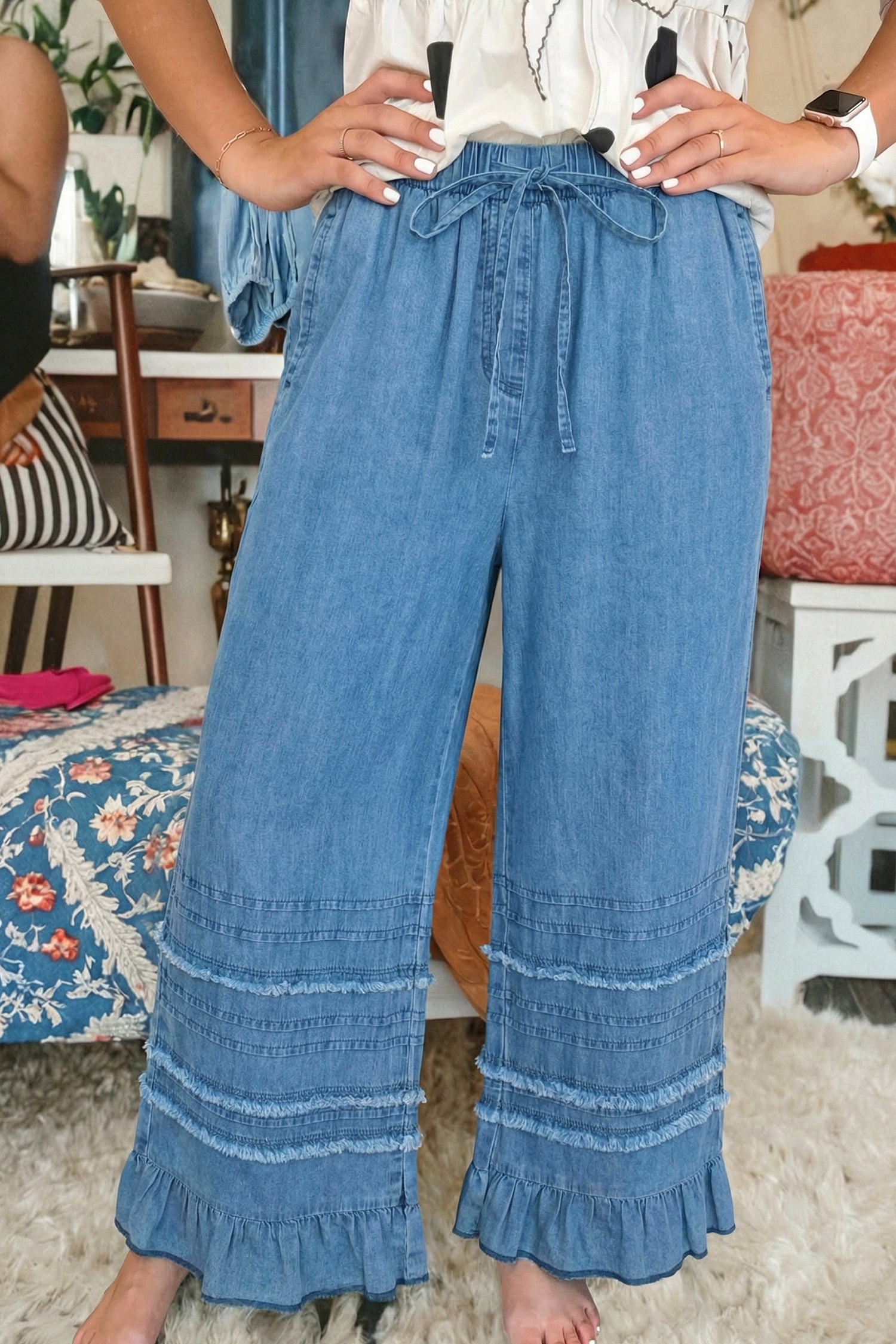 Shop Dusk Blue Ruffled Hem Wide Leg Chambray Trousers UK 8-20 at LivelyLooks