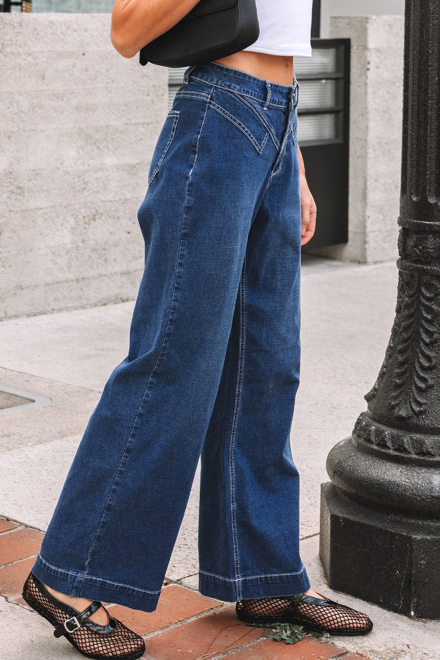 Sail Blue Loose Cuffed Jeans Stitched Waist Detail Women UK 4-16