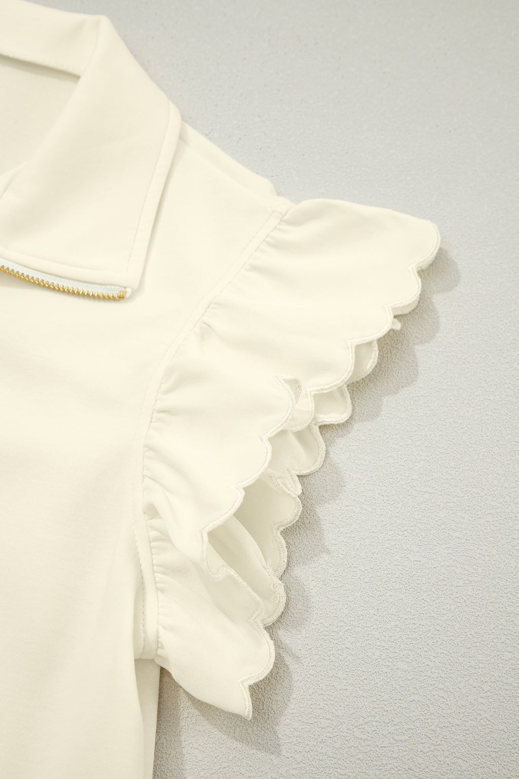 LivelyLooks Zip-Up Collared Ruffled Short Sleeve Blouse women's fashion