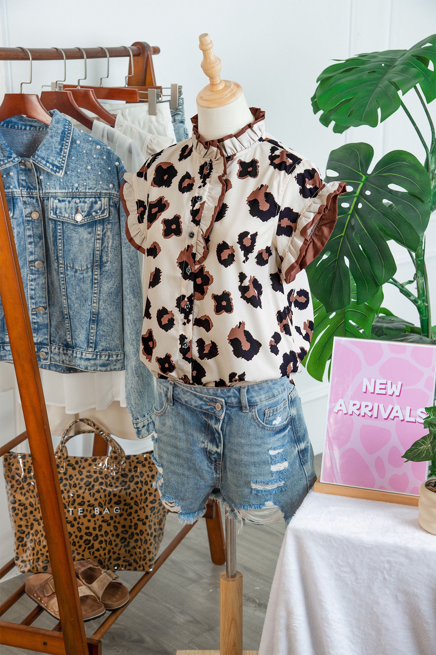 Khaki Leopard Printed Ruffle Sleeve Summer Blouse Animal Pattern Holiday Top