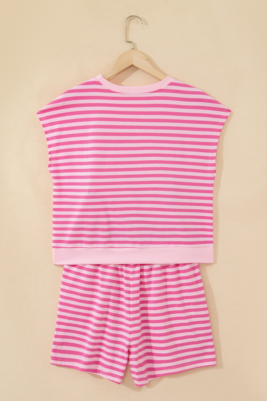Pink Stripe Cap Sleeve Tee & Elastic Waist Shorts 2pcs Co-ord Outfit