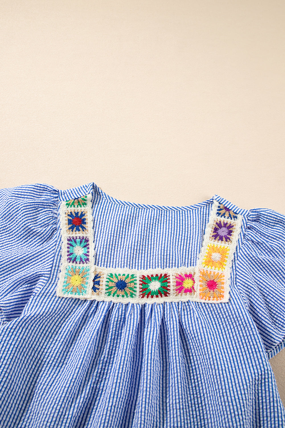 Sky Blue Stripe Ruffle Square Neck Boho Blouse