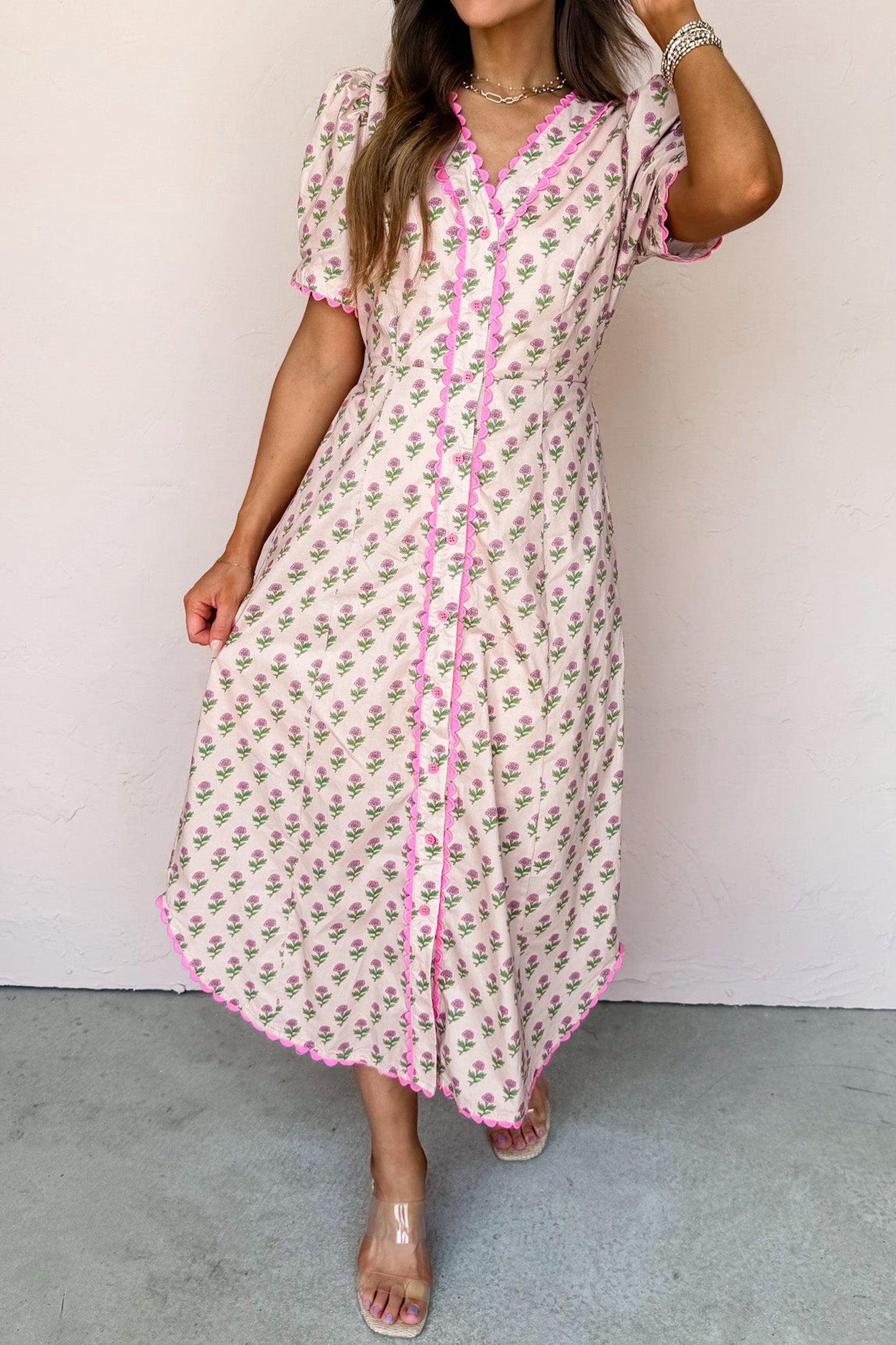 Women's Pink Floral V-Neck Scallop Trim Button Front Short Sleeve Maxi Dress at LivelyLooks
