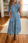 Blue Geometric Print Short Sleeve Drawstring Shirt Collar Maxi Dress | UK 8–22