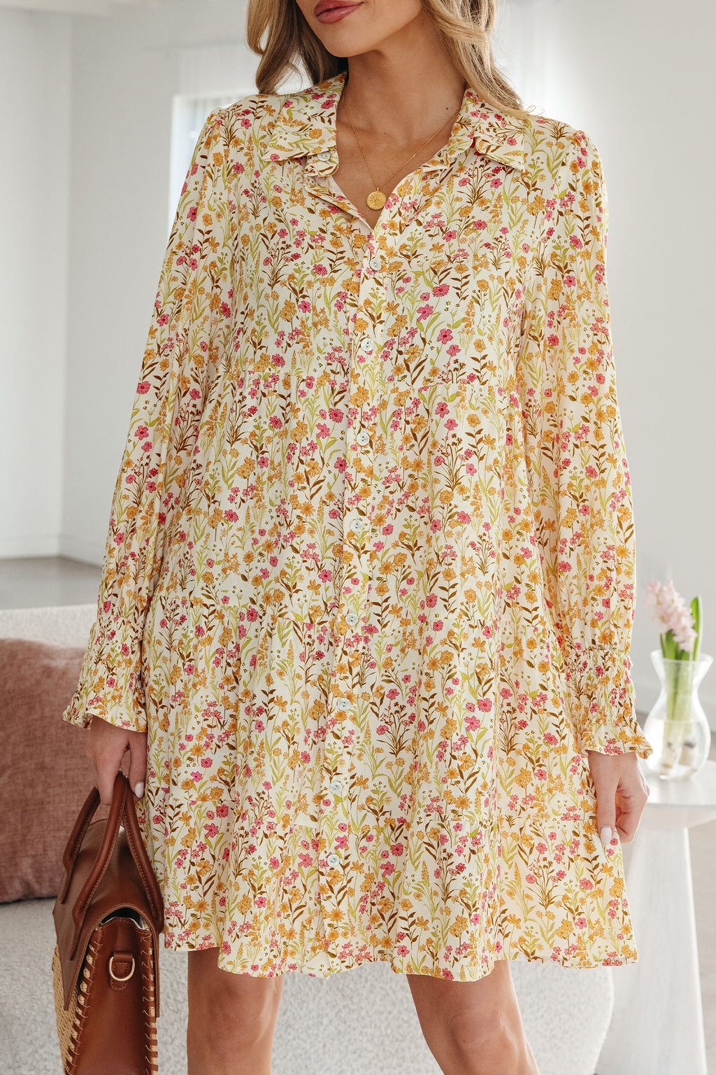Yellow Floral Print Smocked Cuff Long Sleeve Loose Shirt Mini Dress | UK 8-22