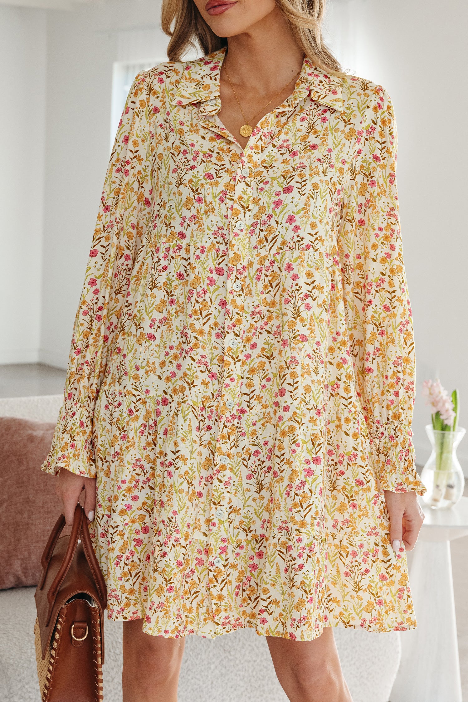 Yellow Floral Print Smocked Cuff Long Sleeve Loose Shirt Mini Dress | UK 8-22