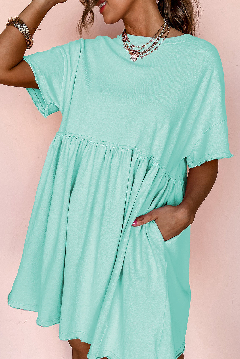 Shop Pink Jade Babydoll Mini Dress Raw Edge Pockets Sleeveless UK 8-26 at LivelyLooks