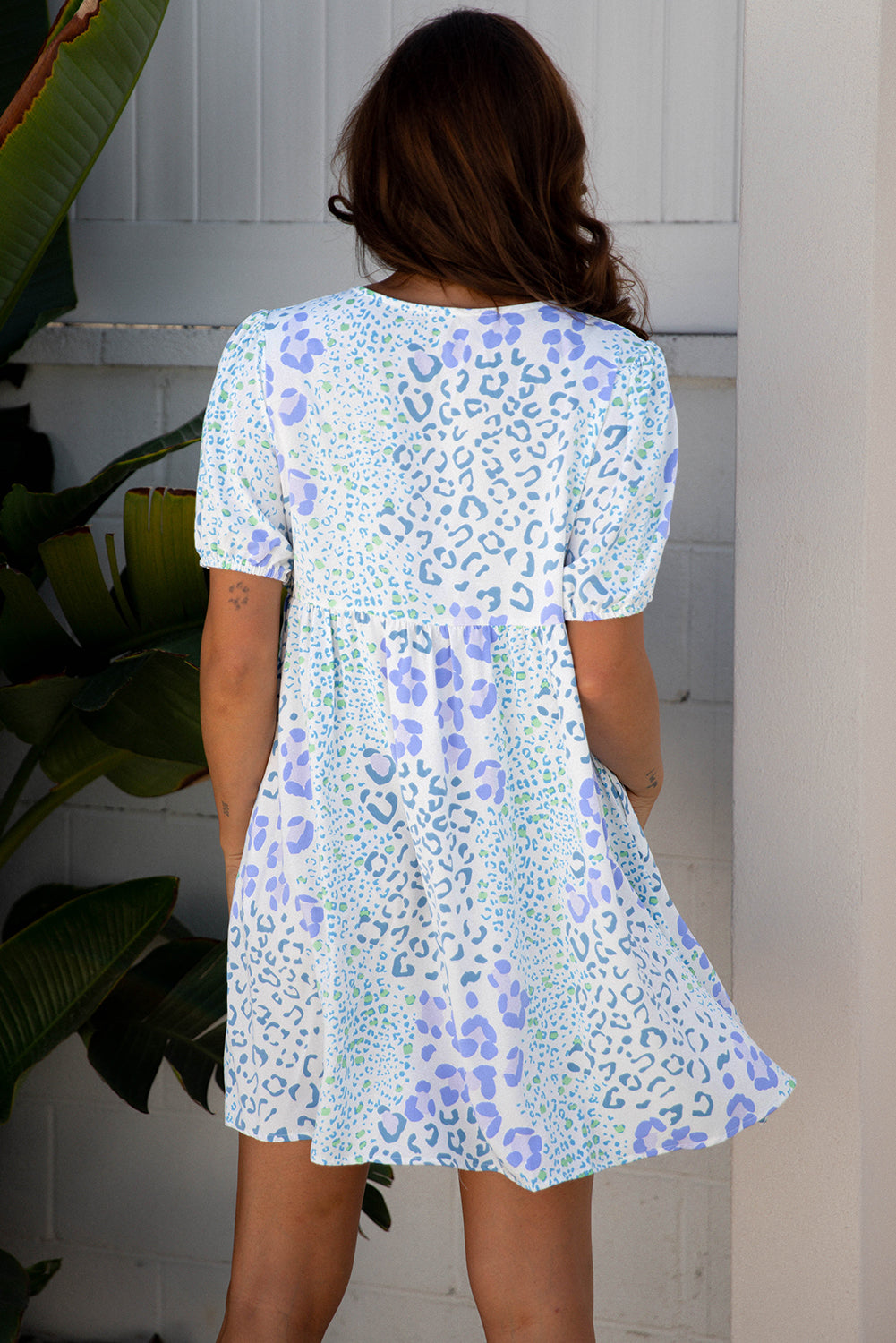 Women's Sky Blue Leopard Contrast Bow Puff Sleeve Mini Dress at LivelyLooks