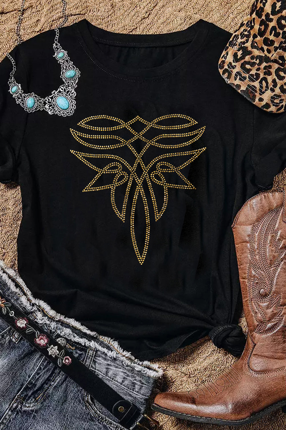 Shop Black Rhinestone Western Pattern Graphic T-Shirt S-3XL at LivelyLooks