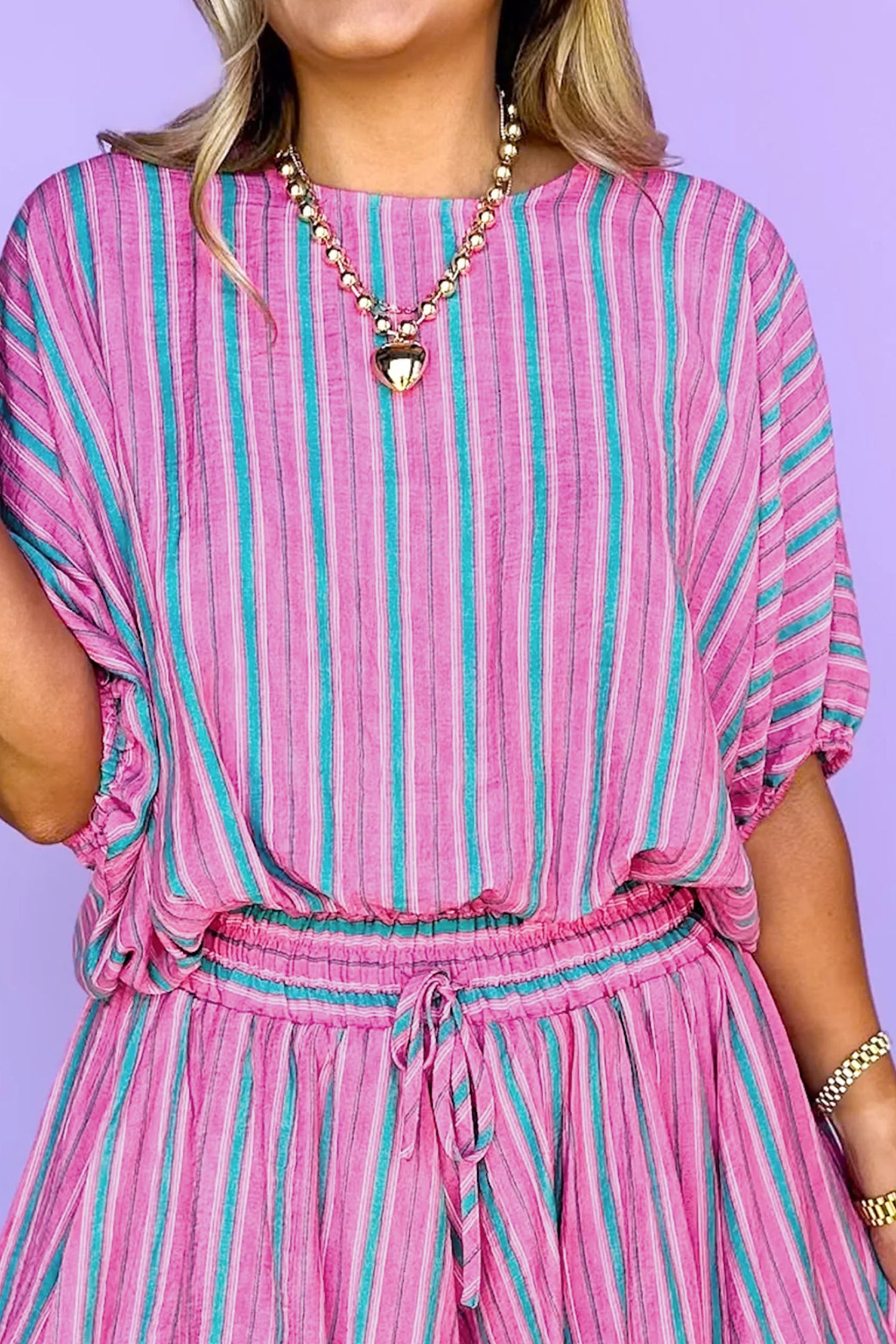 Shop Pink Stripe Co-ord Short Set | Dolman Sleeve & Drawstring Waist | S-XL at LivelyLooks