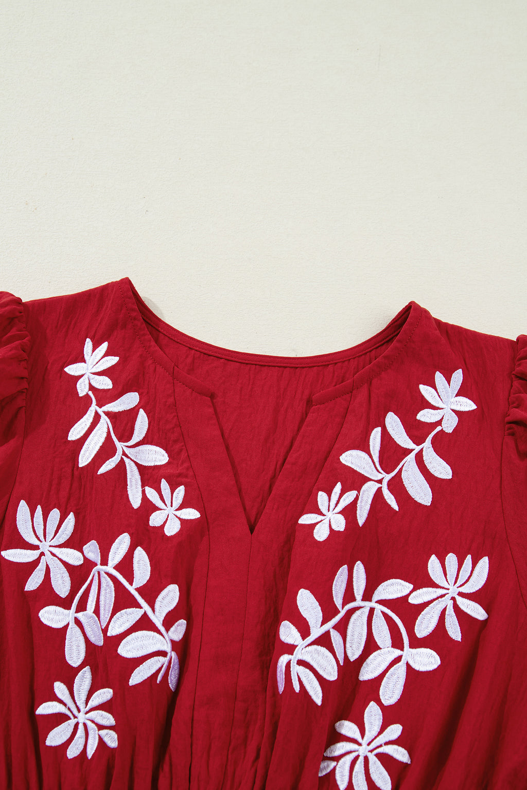 Racing Red Embroidered Cinched Waist Tiered Long Sleeve Maxi Dress S-XL