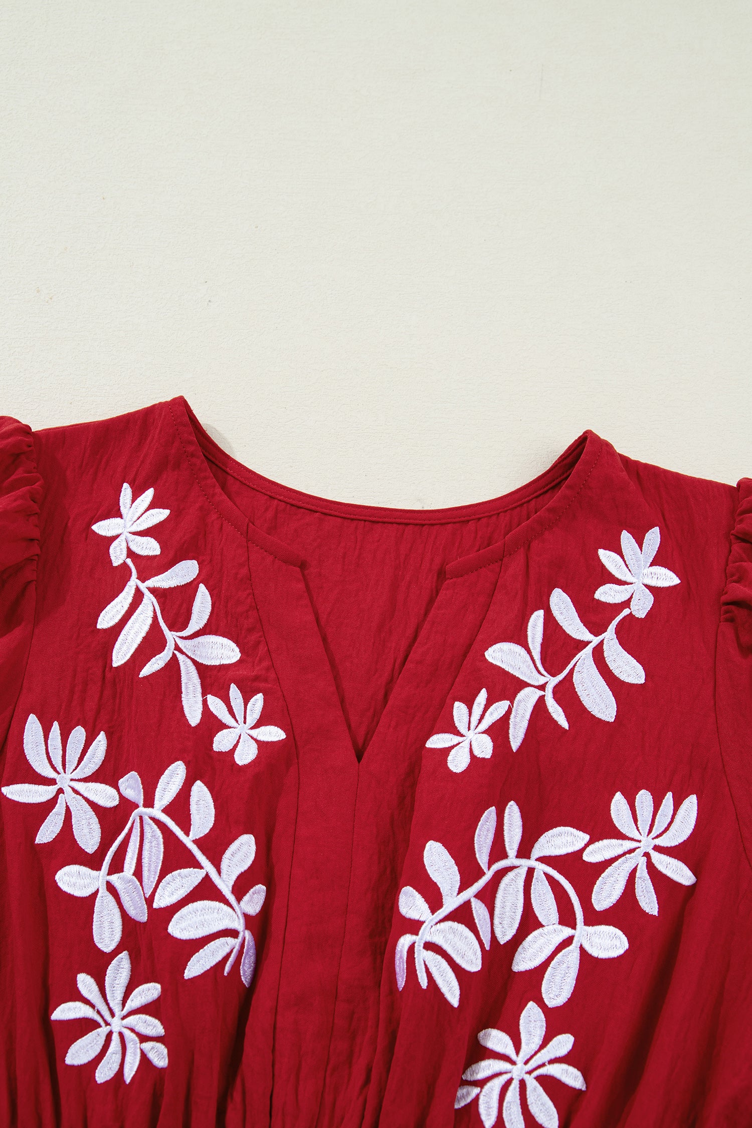 Racing Red Embroidered Cinched Waist Tiered Long Sleeve Maxi Dress S-XL