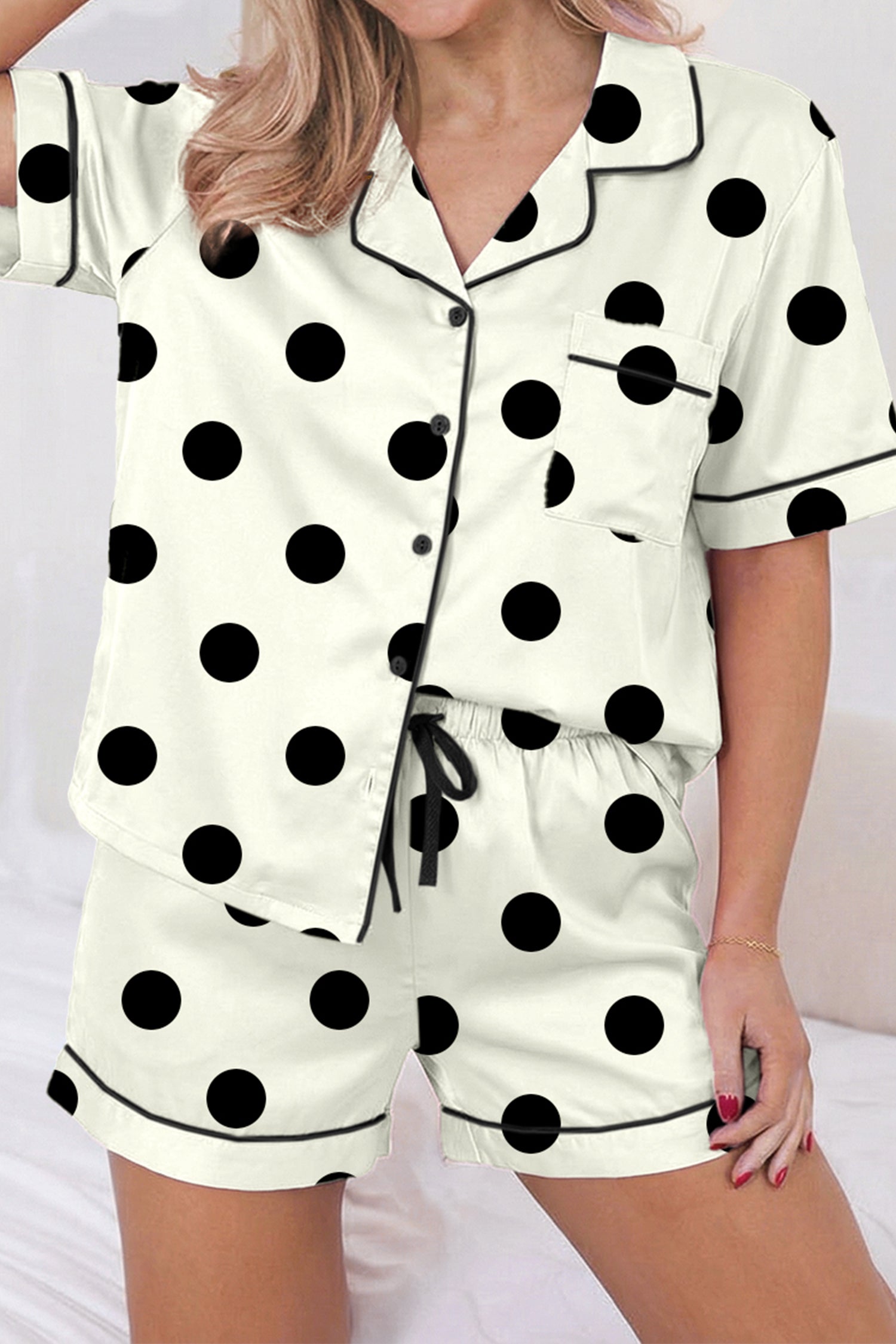 Camo & Polka Dot Lapel Shirt Drawstring Shorts Pyjama Set