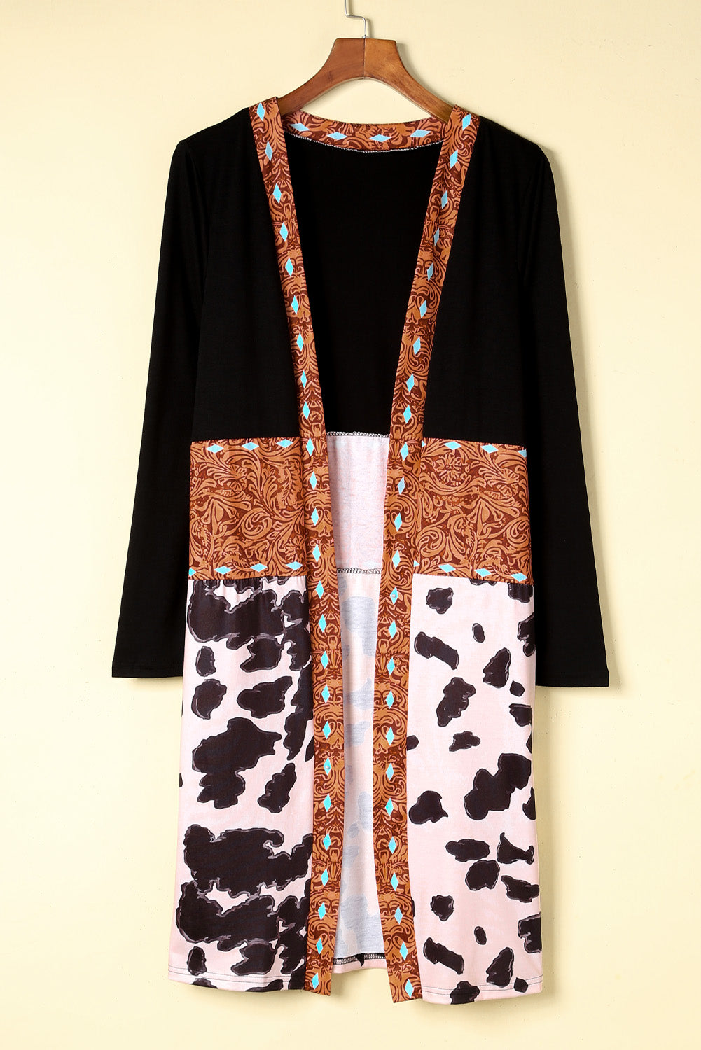 Women's Black Western Pattern Cow Patchwork Open Front Cardigan Knitwear Aztec Jumper Coat at LivelyLooks