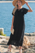 Black Floral Lace Overlay Tassel Tie Beach Vacation Maxi Dress S-XL