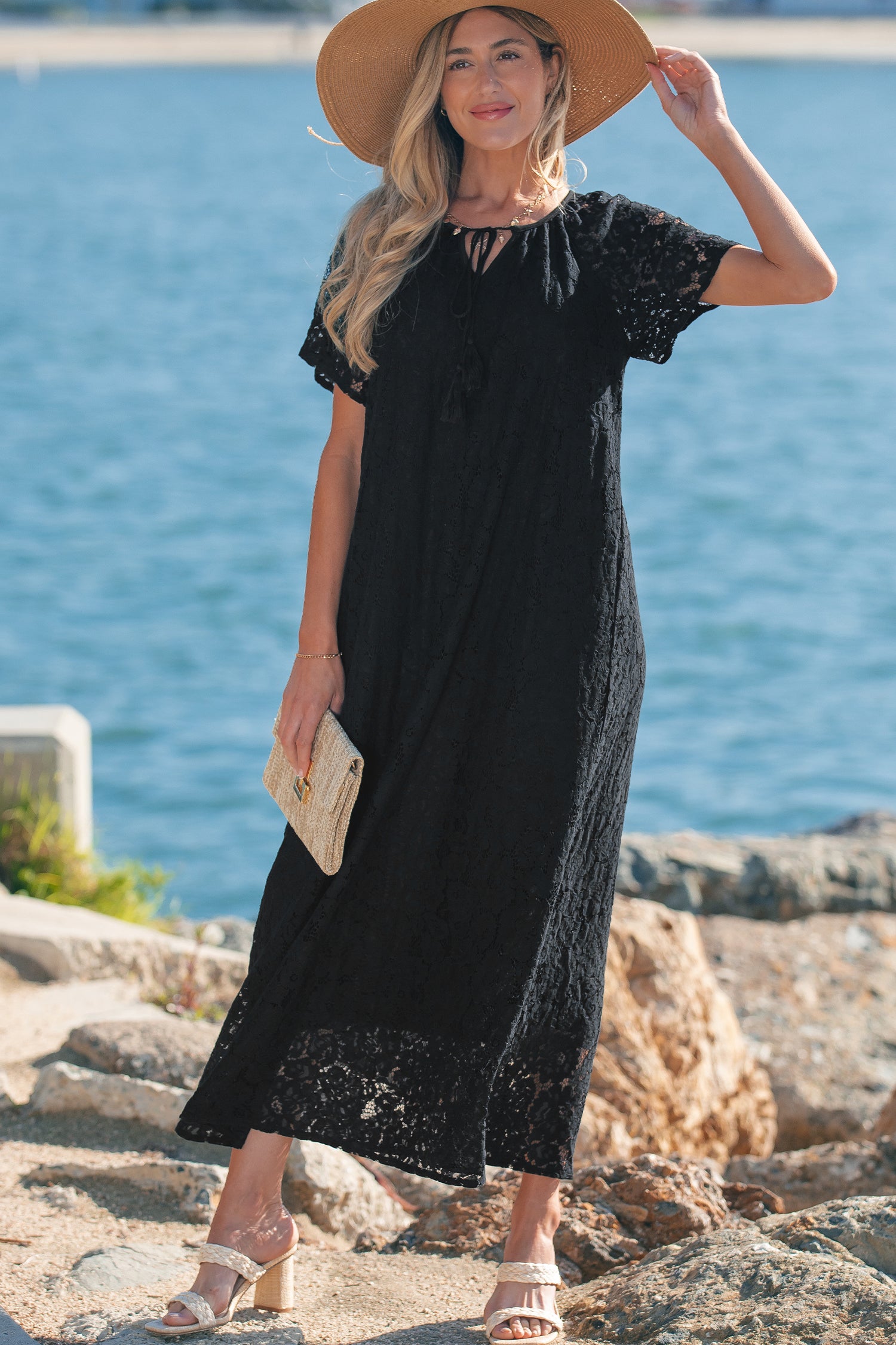 Black Floral Lace Overlay Tassel Tie Beach Vacation Maxi Dress S-XL