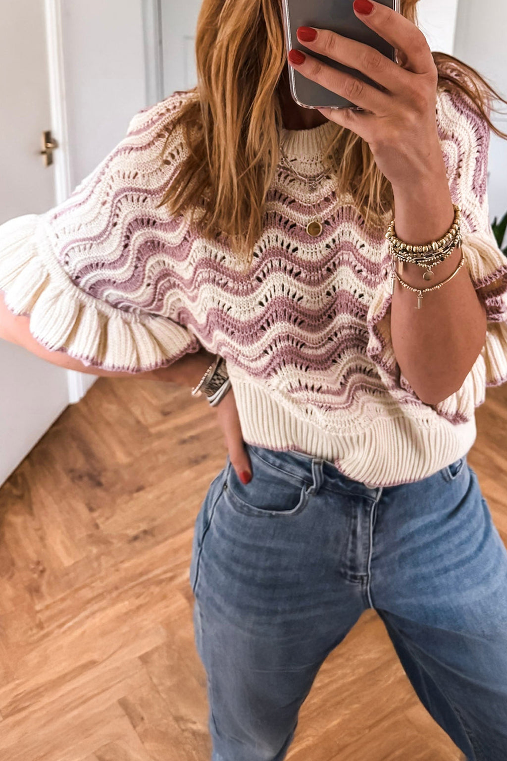 Shop Black Stripe Wavy Crochet Eyelet Detail Ruffle Half Sleeve Sweater at LivelyLooks