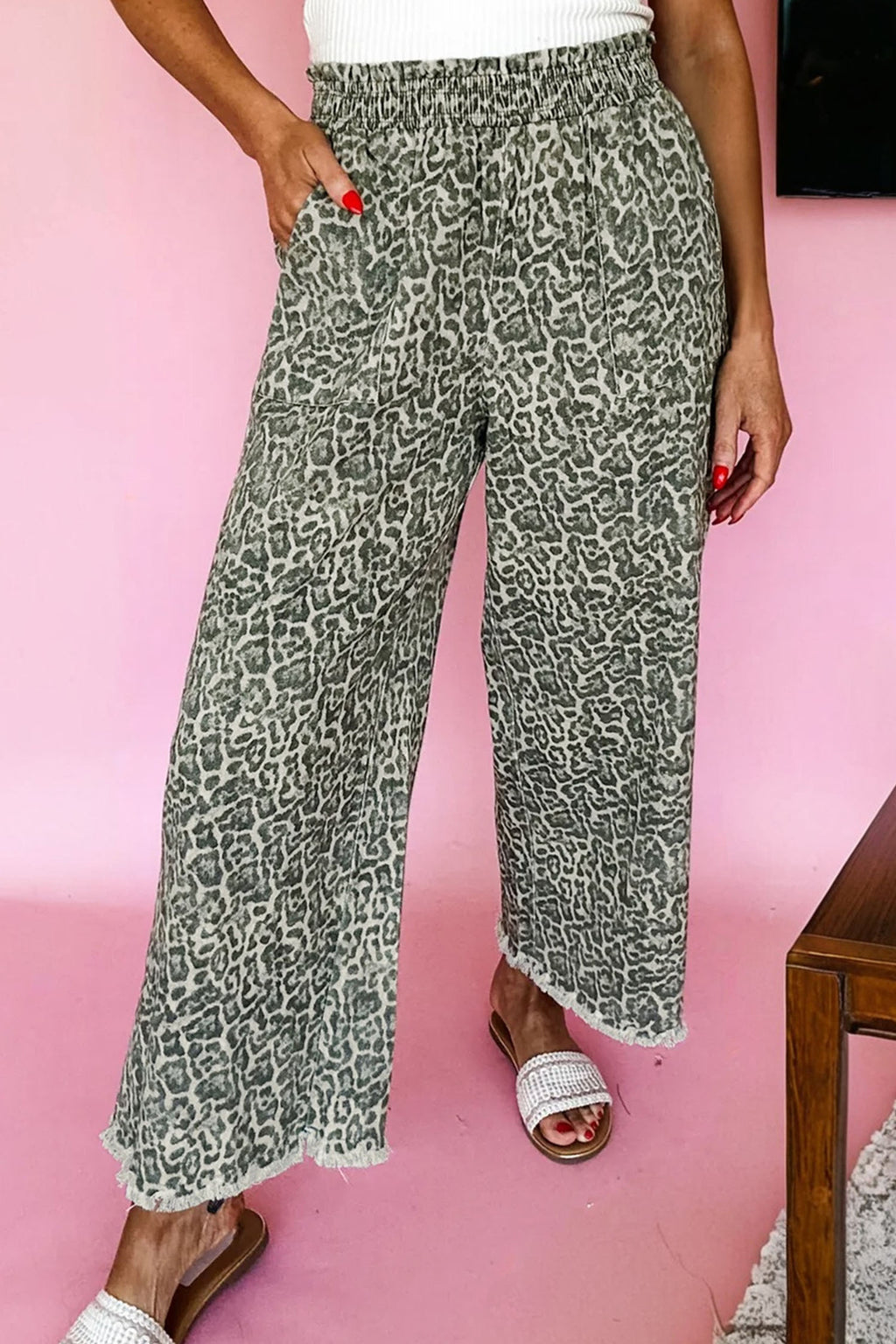 Brown Leopard Print Raw Hem Elastic Waist Wide Leg Jeans