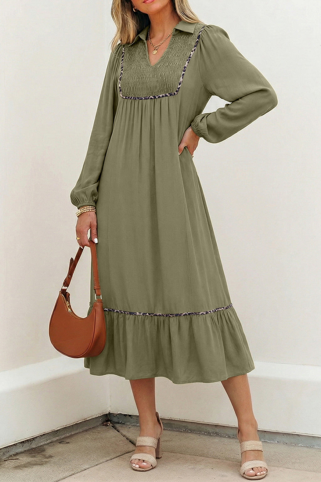 Women's Black Collared V Neck Smocked Detail Contrast Leopard Trim Bracelet Sleeve Long Dress at LivelyLooks