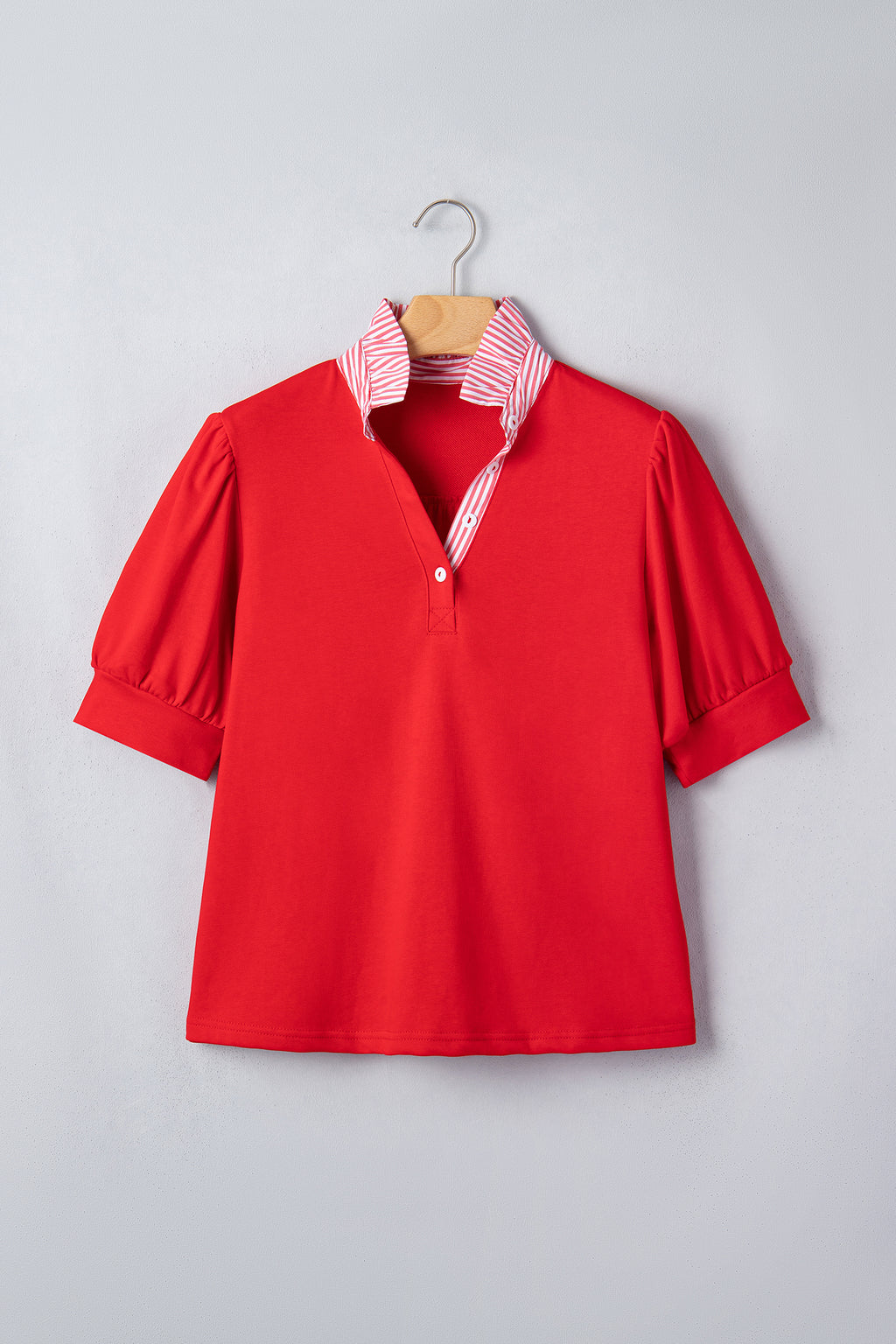 Women's Fiery Red Striped Frilled Collar Puff Sleeve Blouse at LivelyLooks