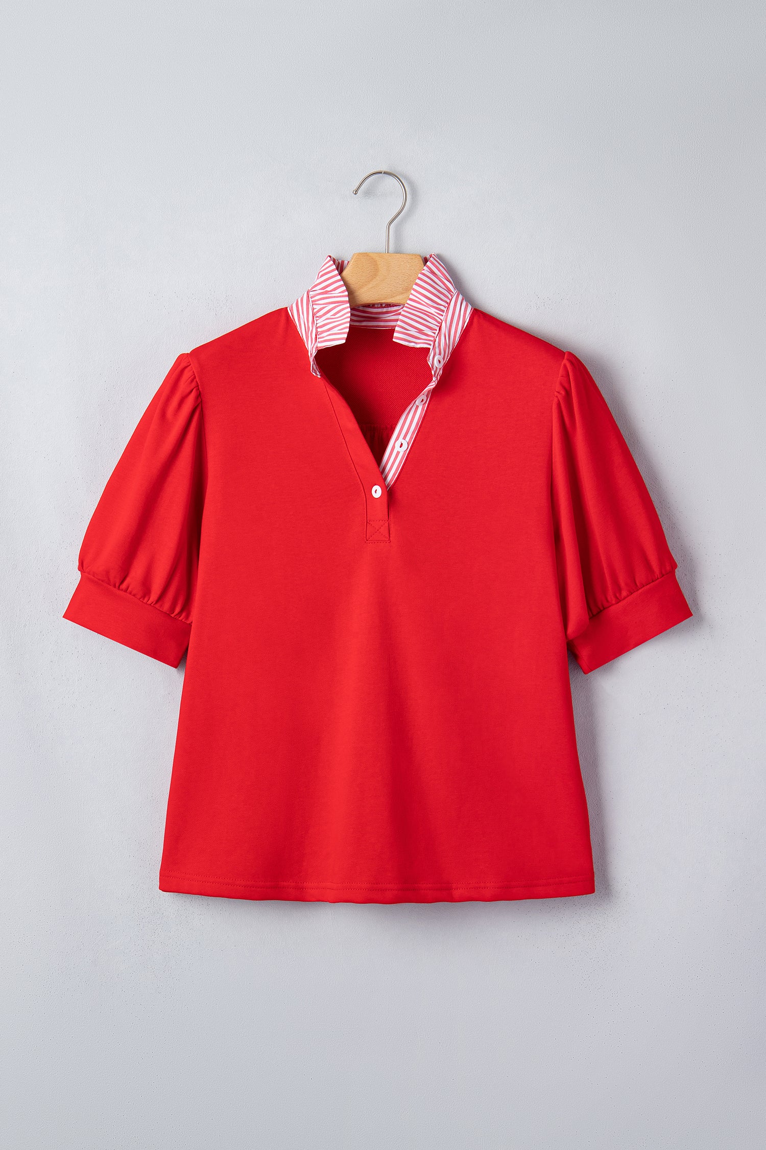Women's Fiery Red Striped Frilled Collar Puff Sleeve Blouse at LivelyLooks
