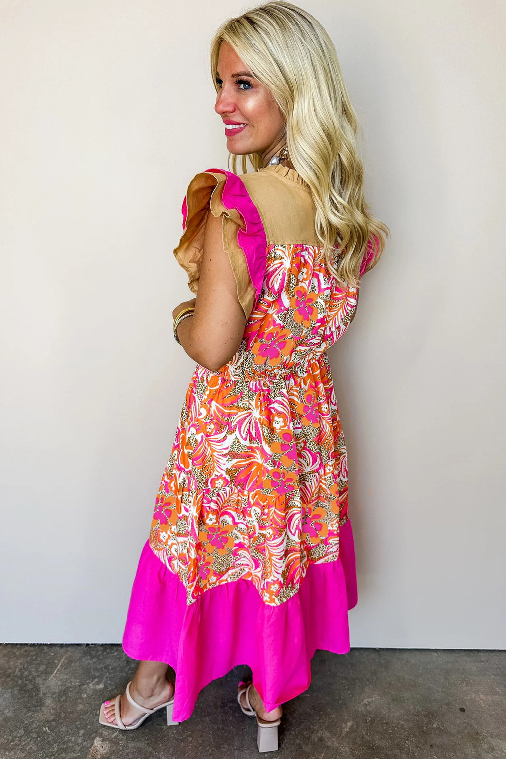 Rose Floral Colour Block Ruffled Short Sleeve Flared Midi Dress S-XL
