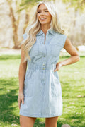 Women's Sky Blue Stripe Denim Mini Dress Collared Button Front Sleeveless S-XL at LivelyLooks