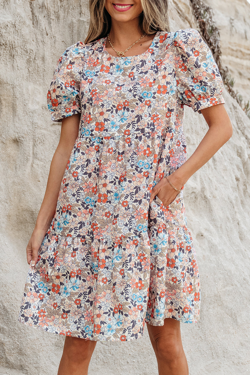 LivelyLooks Beige Boho Floral Puff Sleeve Crew Neck Mini Dress women's fashion