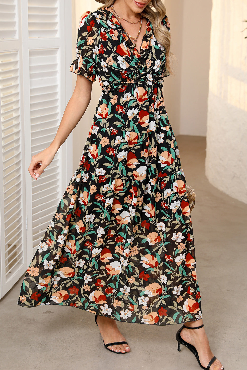 Women's Floral Print Frilled V-Neck Short Sleeve Maxi Dress Blue Black Green S-XL at LivelyLooks