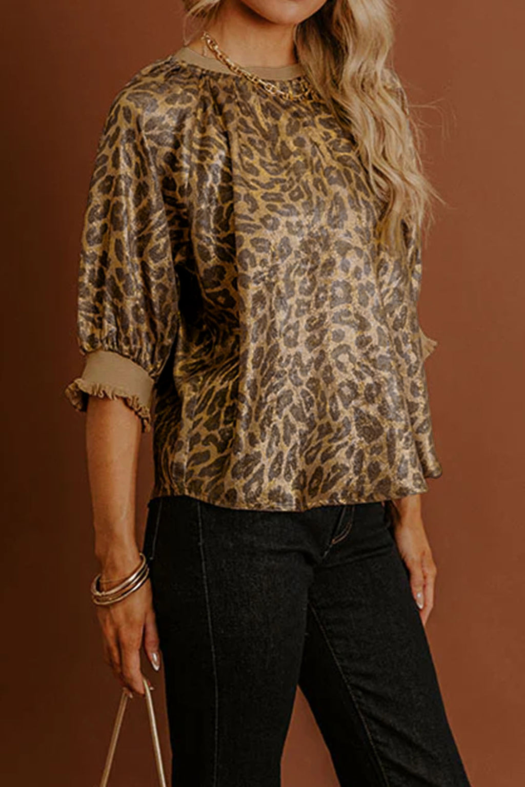 Gold Half Sleeve Metallic Leopard Print Blouse | UK 12–20
