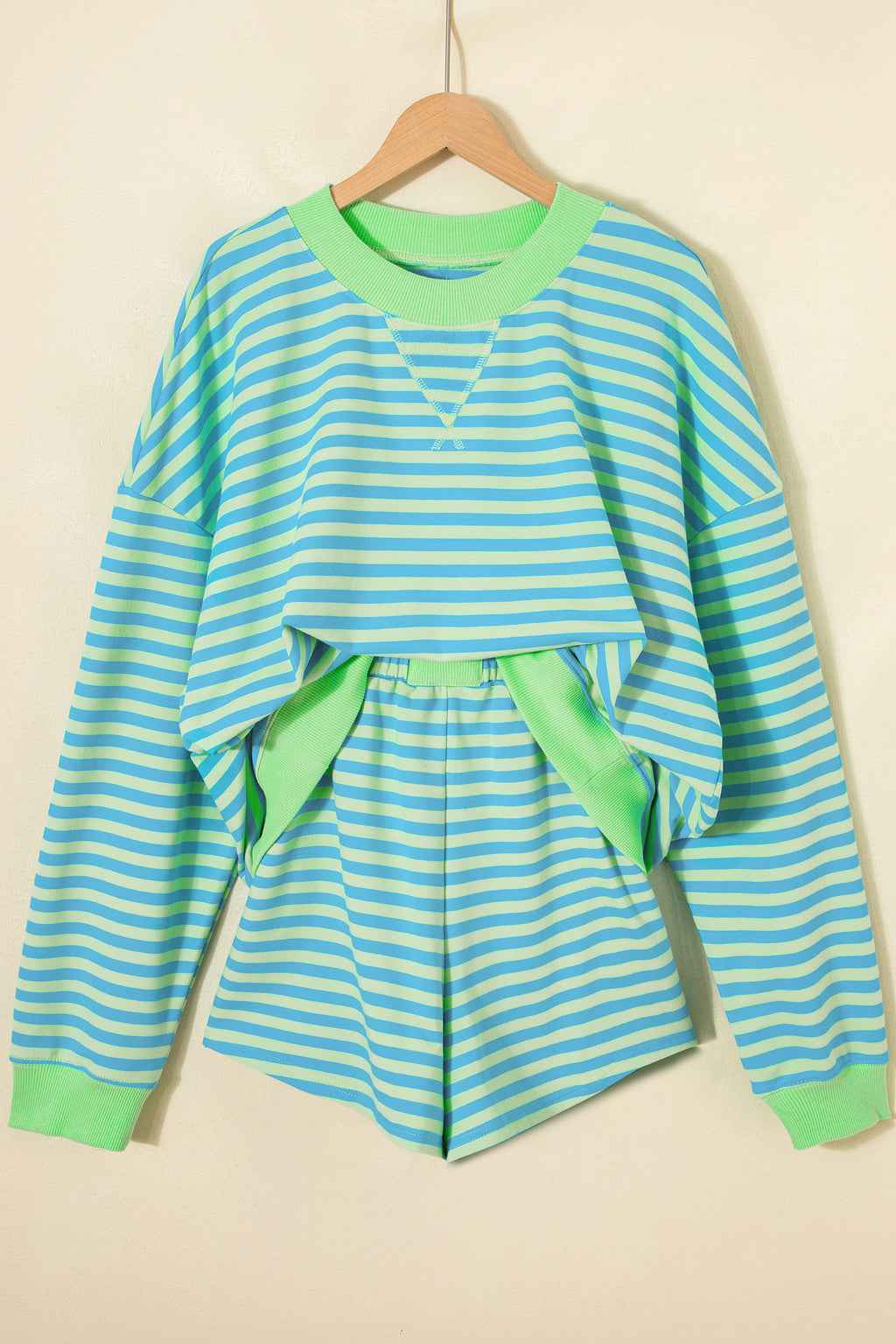 Stripe Colour Block Long Sleeve Pullover & Shorts Set | Pink, Yellow & Green Stripe