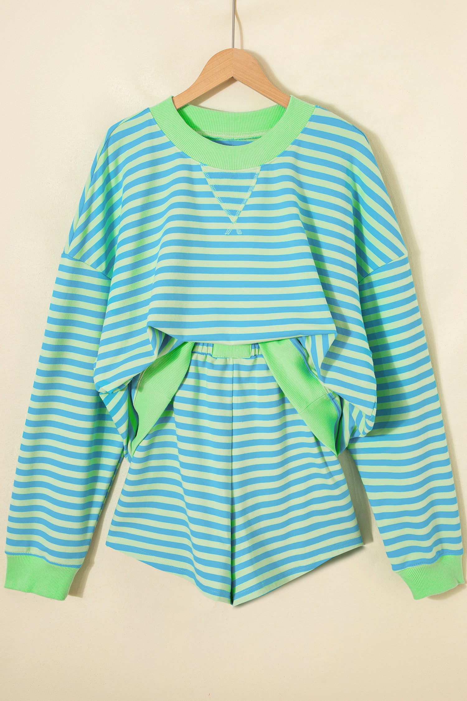 Stripe Colour Block Long Sleeve Pullover & Shorts Set | Pink, Yellow & Green Stripe