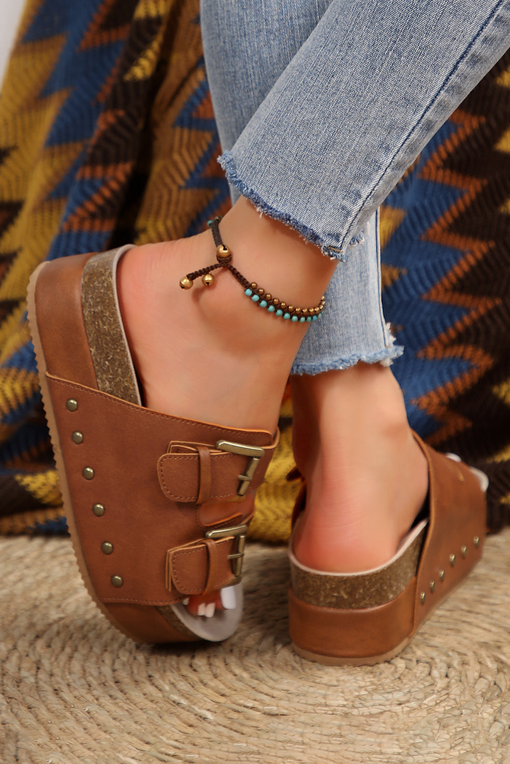 LivelyLooks Women's Chestnut Dual Buckle Studded Platform Sandals EU 37-42 women's fashion