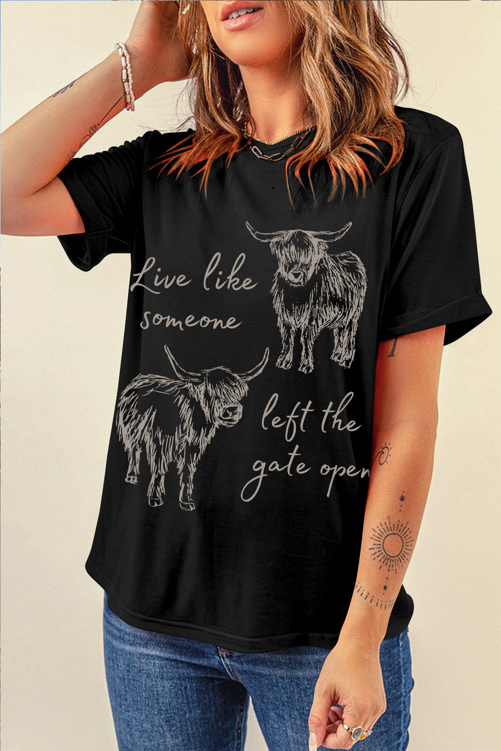 LivelyLooks Black Western Cow Print Round Neck Casual Tee Women S-XL women's fashion