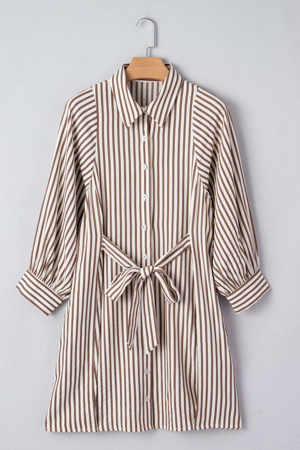 Brown Stripe Knot Waist Puff Sleeve Button Down Mini Shirt Dress S-XL