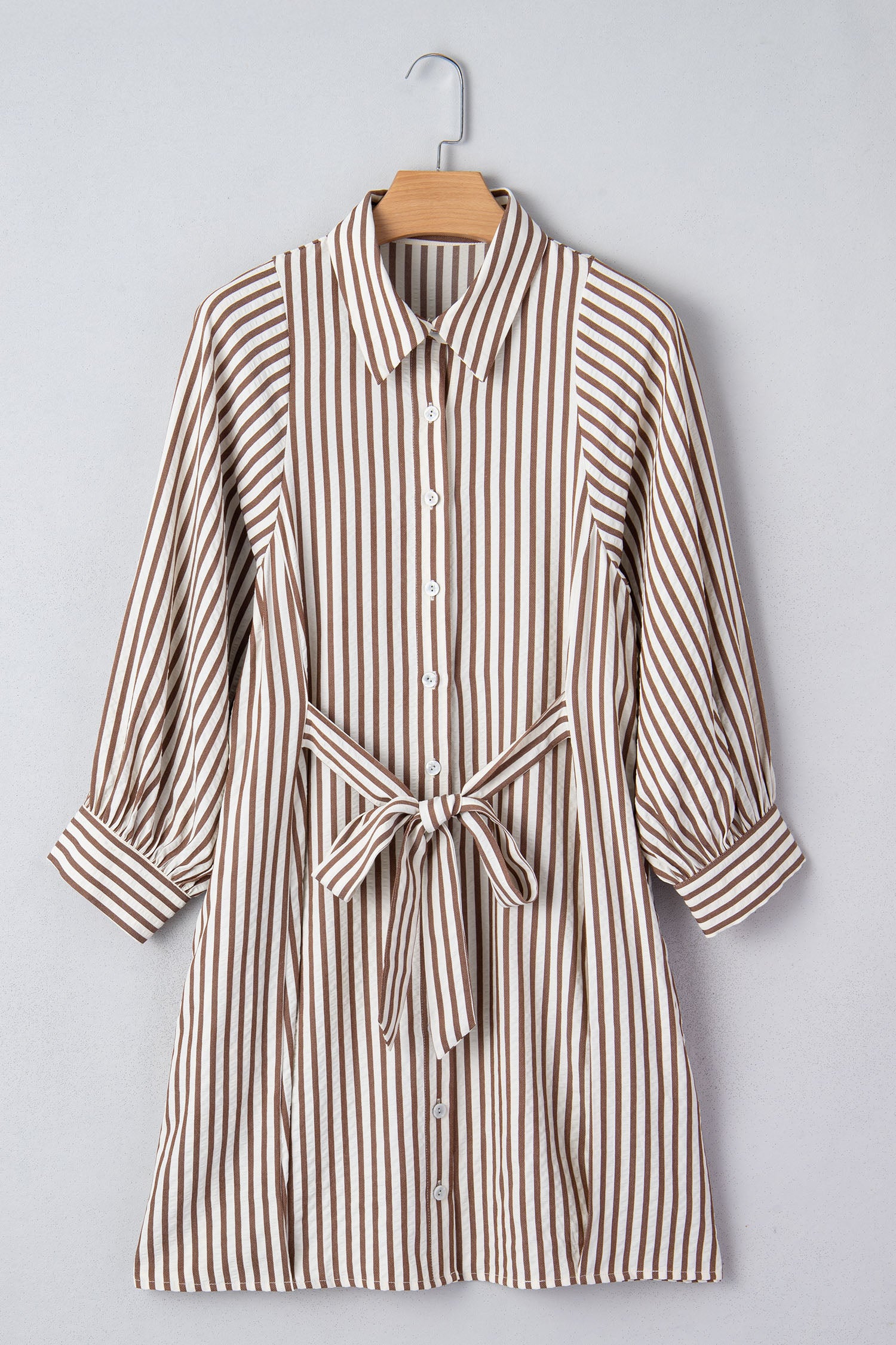 Brown Stripe Knot Waist Puff Sleeve Button Down Mini Shirt Dress S-XL