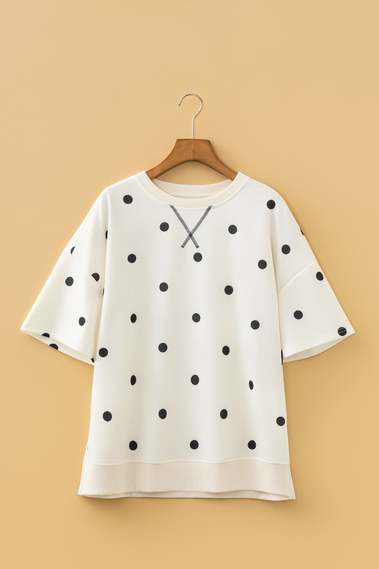 Beige Polka Dot Crossed Seam Detail Oversized Tee