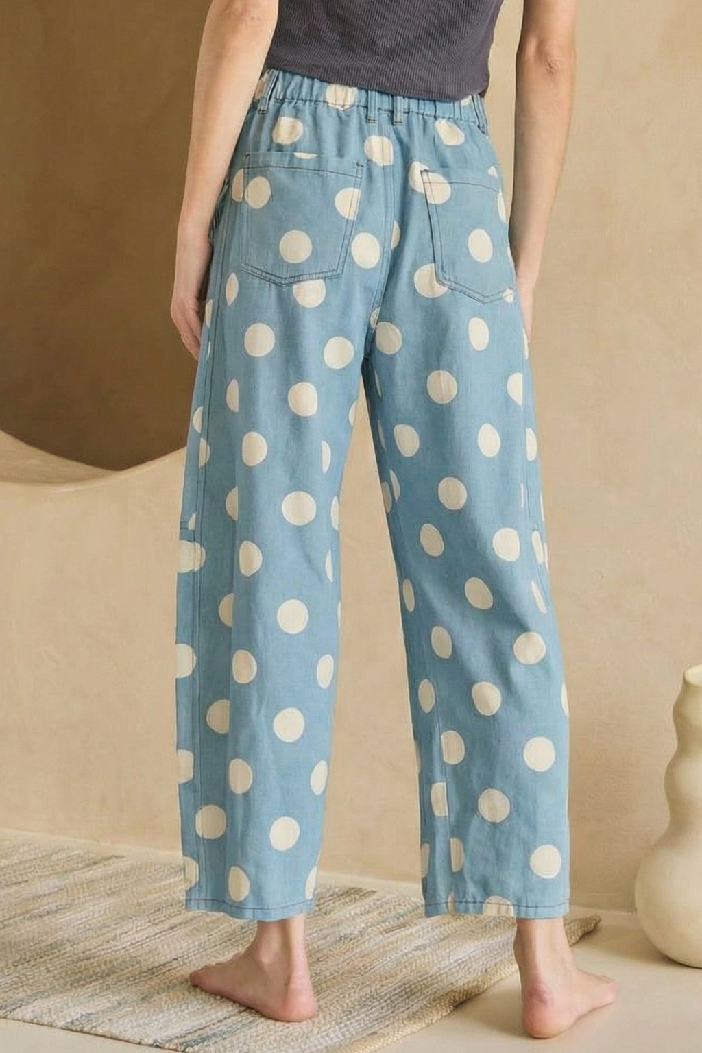 Polka Dot Print Bow Detail Pocketed Loose Jeans | White & Sky Blue