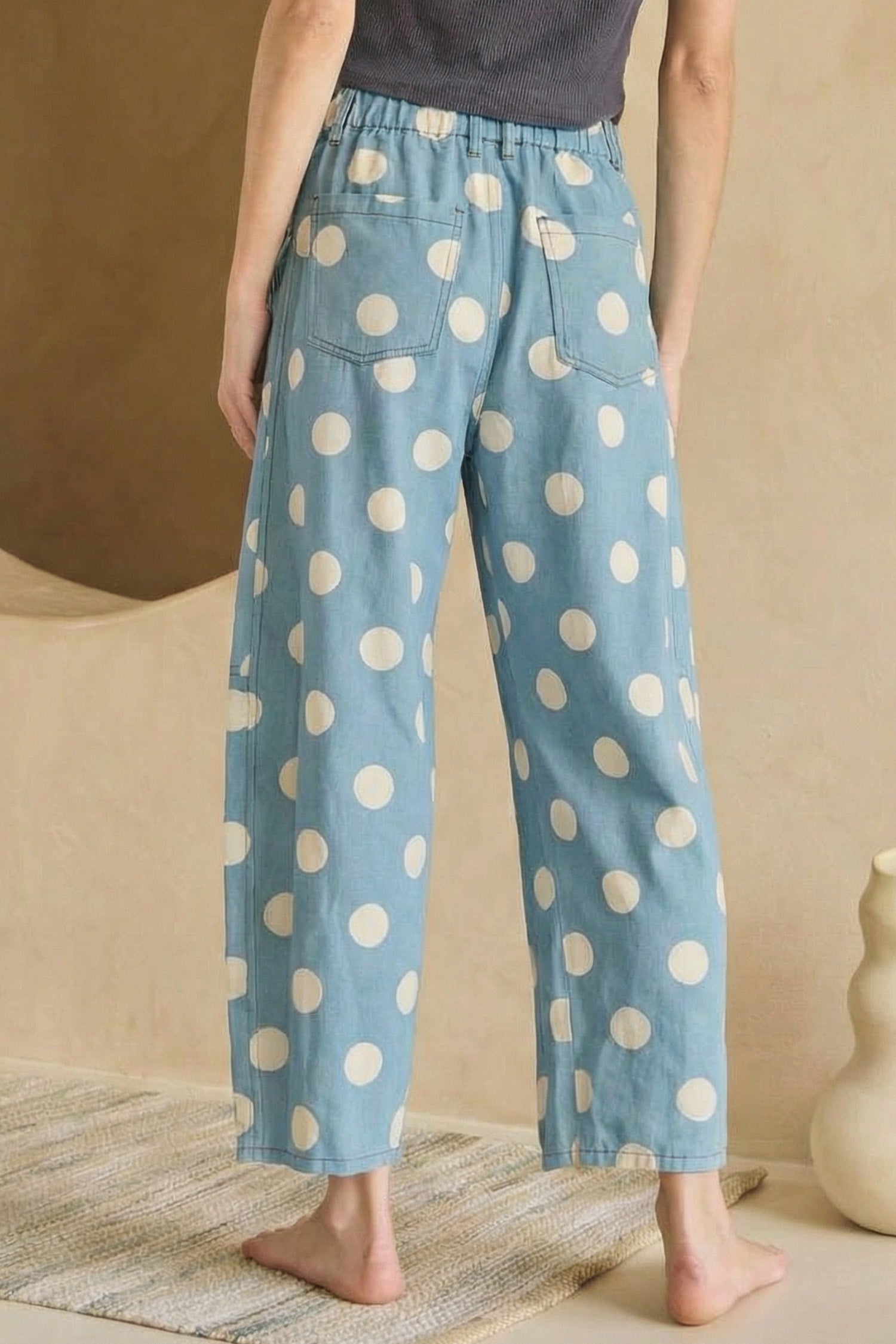 Polka Dot Print Bow Detail Pocketed Loose Jeans | White & Sky Blue